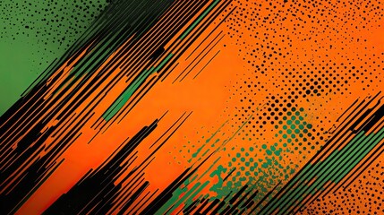 Fototapeta premium Abstract orange and green diagonal lines and dots texture.