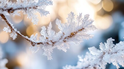 Frost-Covered Branch with a Golden Glow