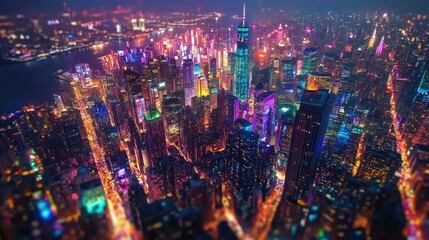 Obraz premium Vibrant aerial cityscape at night, illuminated skyscrapers and streets.
