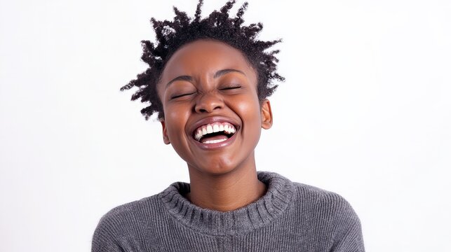 A person shaking their head and smiling, expressing disbelief and amusement, isolated on a white background
