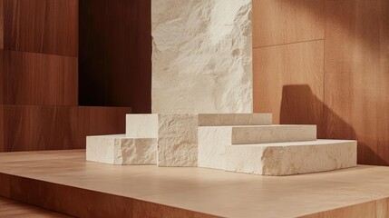 Minimalist stone podiums on wooden platform.