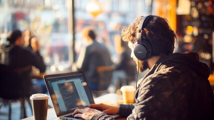 Fototapeta premium A person working from a wearing headphones, typing on a laptop, with blurred patrons in the background creating a vibrant, lively atmosphere.