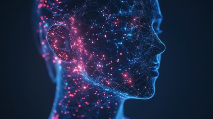A person digital profile represented by glowing nodes, with personalized options for fitness, entertainment, and social life, connected through AI.