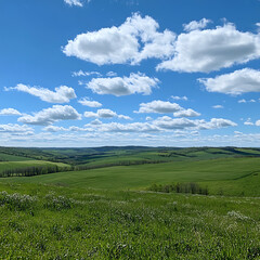 Fototapeta premium Expansive Green Landscape Under Bright Blue Sky with Fluffy Clouds and Rolling Hills Ideal for Nature and Outdoor Themes