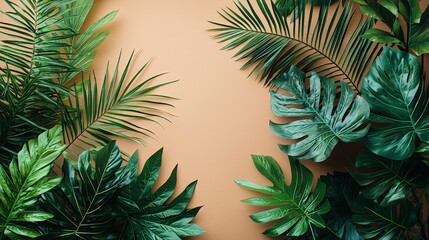 Lush green leaves against a warm background, creating a tropical aesthetic.