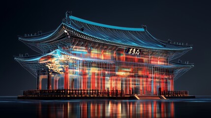 Korean palace graphic, red and blue color, hanok 