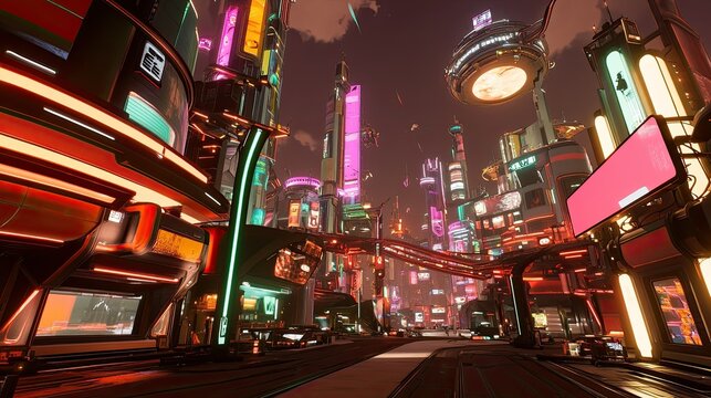 Futuristic cityscape at night with vibrant neon lights and flying vehicles.