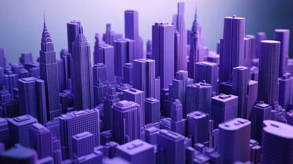 Purple stylized cityscape, 3D render of urban skyline.