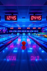 Vibrant Bowling Alley with Neon Lights and Digital Scoreboards