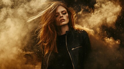 Fototapeta premium Woman with red hair in dust cloud.