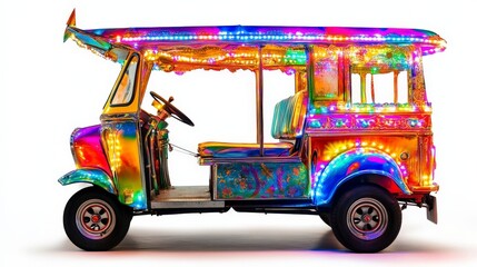 Obraz premium A tuk-tuk fully decorated with bright colors and lights, isolated on a white background