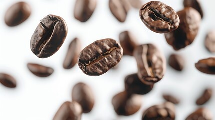 Several brown coffee beans suspended in the air against white. Suitable for cafe menus, coffee shop posters, social media posts.