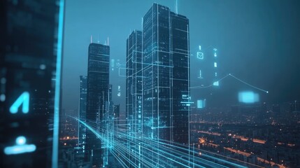 Obraz premium Futuristic cityscape with digital overlays showing data streams and network connections.