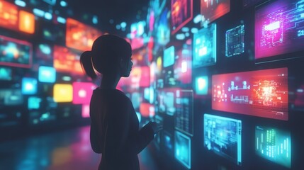 A user surrounded by digital AI displays showing tailored shopping and travel recommendations, with each display glowing softly in futuristic colors.