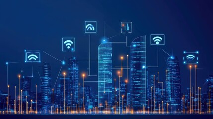 Fototapeta premium Smart city digital network, futuristic cityscape with wireless connection icons.