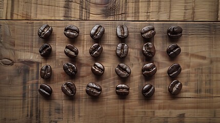 Roasted coffee beans on wooden surface. Suitable for coffee shop menus, social media posts, food blogs, and coffeerelated designs.