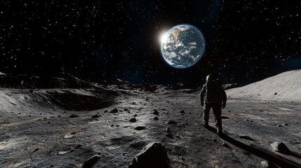 Obraz premium A VR experience featuring a person walking on the moon, virtual Earth visible in the background, capturing a sense of freedom and exploration.