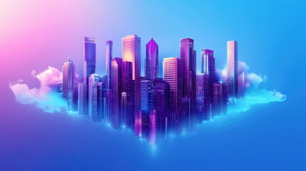 Fototapeta premium Futuristic city skyline floating on clouds, vibrant purple and pink neon glow.