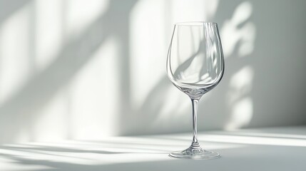 Elegant Empty Wine Glass on White Table with Shadow Overlay, Minimalist Concept, Copy Space.