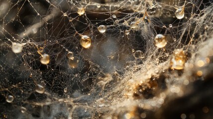 Dewdrops on spiderweb, close-up.
