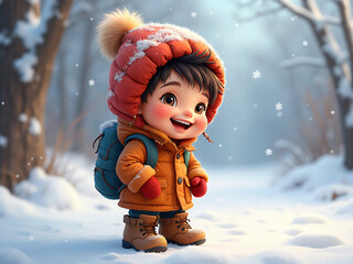 Generated digital illustration of a happy young kid smiling on a snowy day of a winter season.