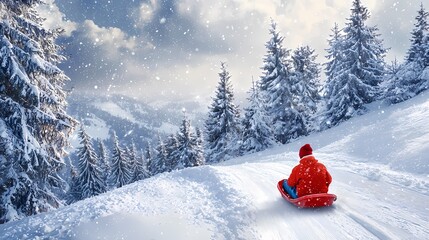 Experience the Joy of Sledding: A Child Gliding Down a Snowy Hill Surrounded by Evergreen Trees and a Winter Wonderland Atmosphere