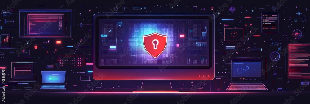 Aufkleber The display shows a prominent shield and lock icon, emphasizing the importance of internet security amidst vibrant digital elements. Generative AI