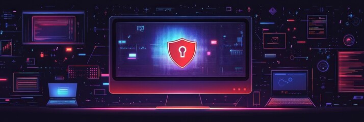 Fototapeta premium The display shows a prominent shield and lock icon, emphasizing the importance of internet security amidst vibrant digital elements. Generative AI