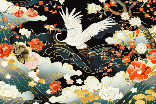 Traditional japanese kimono textile pattern style with crane element