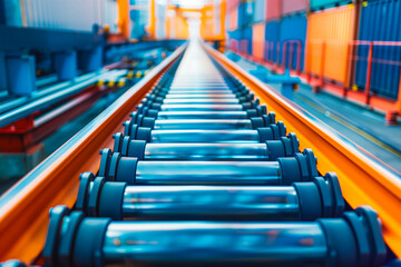 Transportation line conveyor roller with container in motion.