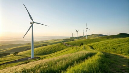 Obraz premium Turbines standing tall on a grassy hill harnessing wind energy.
