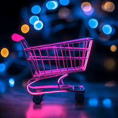 Neon Shopping Cart Surrounded by Colorful Bokeh Lights for Vibrant Marketing and Retail Theme Imagery in E-commerce and Sale Promotions
