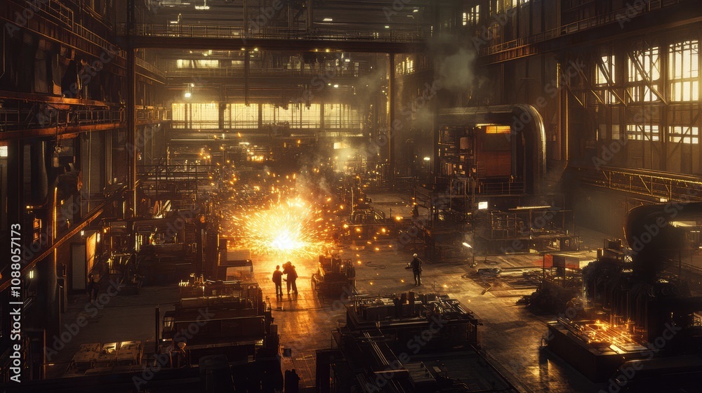 Poster in a large industrial workshop, workers are busy welding, creating bright sparks that fill the air d