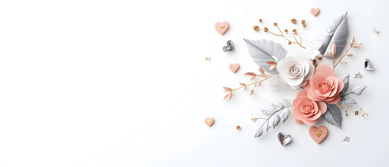 Fototapeta premium botanical frame design for Valentine. A beautiful arrangement of pastel flowers and decorative elements on a clean, white background, creating an elegant and serene aesthetic.