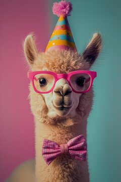 An alpaca in festive attire, celebrating with a hat and bowtie against pastels.
