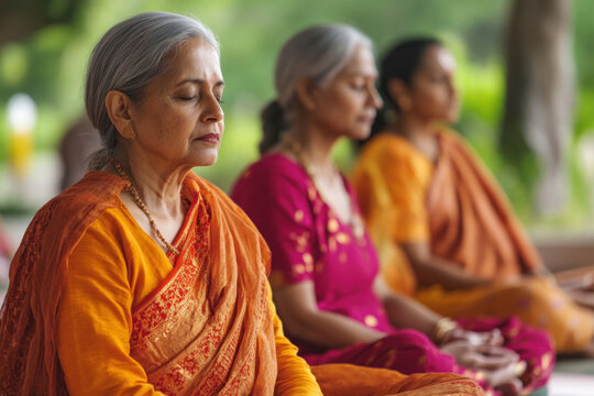 group of elderly indian women meditating outdoors. calmness, concentration and focus. meditation, mindfulness poster, self-care, relaxation and balanced lifestyle focused on health and wellness