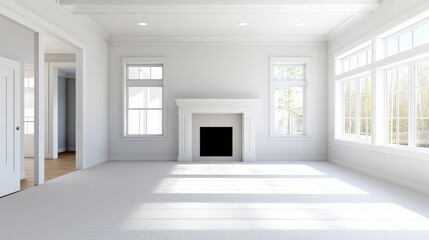 Empty living room of a vacant home, with clean carpets, white walls, and an inviting fireplace.