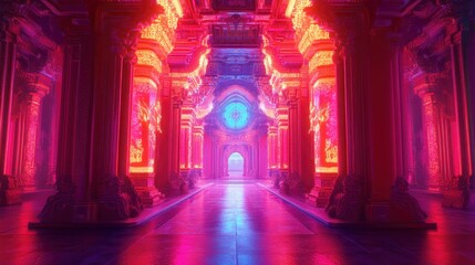 Fototapeta premium Neon Dreamscape: A Virtual Journey Through a Glowing Palace