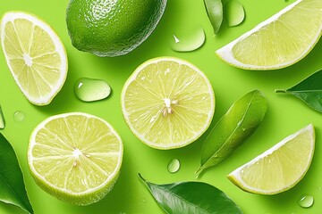 Fresh Summer Citrus Fruits Banner: Top View of Lemon Slices and Leaves on Green Background -...