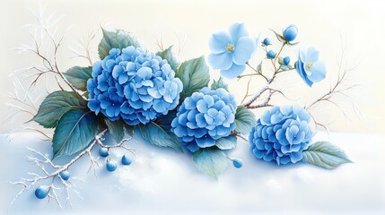 Serene winter garden with blue hydrangeas and frosty greenery, capturing the calming tones of a winter landscape