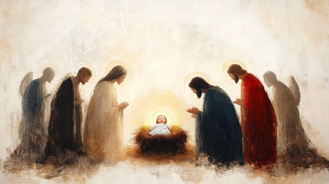 A serene and ethereal depiction of the Nativity of Jesus, the birth of Christ, with the focus on Jesus in the manger and the Holy Family. The image conveys the holiness and significance of the event.