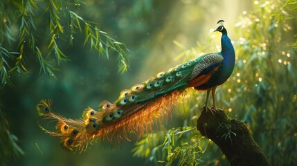 Naklejka premium Majestic peacock displaying vibrant plumage in a lush green forest, sunlight illuminating its feathers.