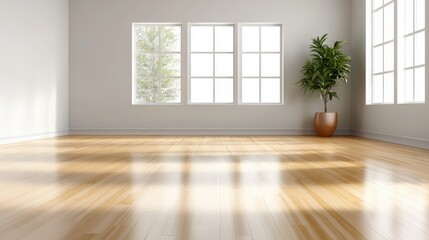 Fototapeta premium Spacious, empty living room in a newly built home, featuring neutral walls, polished wood floors, and large windows.