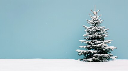 Snow-covered tree against a blue background.