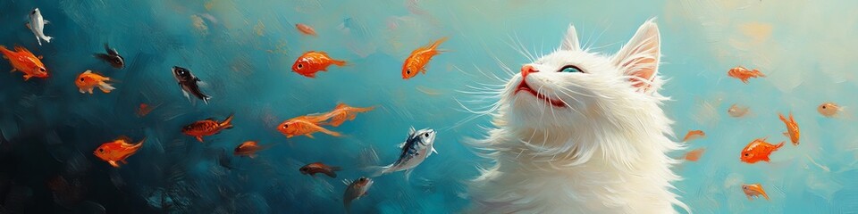 Fototapeta premium Curious White Cat and Fishes, A Charming Illustration of Playfulness and Companionship on Blue.
