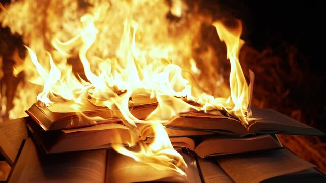 Open book is on fire, pages are engulfed in flames. Concept of censorship, prohibition of freedom information, 451 fahrenheit, old literature in paper format is no longer in demand. 