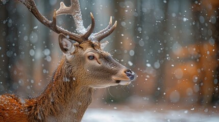 Majestic red deer stag in snowy winter forest.
