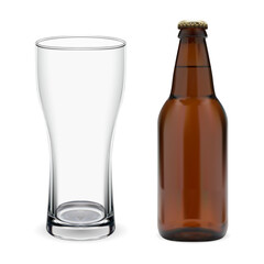 Brown glass beer bottle, transparent beer glass mockup. Isolated alcohol beverage bottle template, realistic vector illustration. Pub brewery glass for label blank, full package