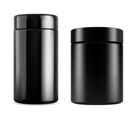 Black bottle vector mockup. Sport vitamin supplement can template. Vertical cylinder package, whey protein for bodybuilding. Cosmetic pill capsule jar, realistic plastic packaging