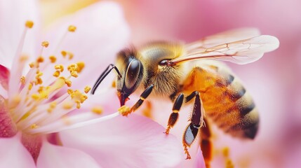 Naklejka premium A Bee Collecting Nectar From A Pink Flower